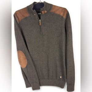 Raffi sweater fine merino wool elbow patch 1/4 button high neck dark gray Medium